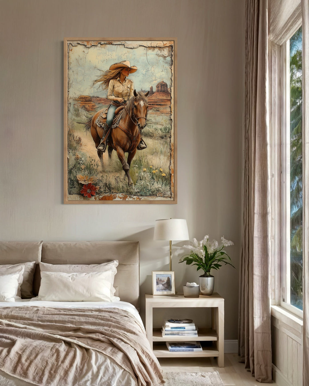 Cowgirl Riding A Horse In The Desert Framed Canvas Wall Art