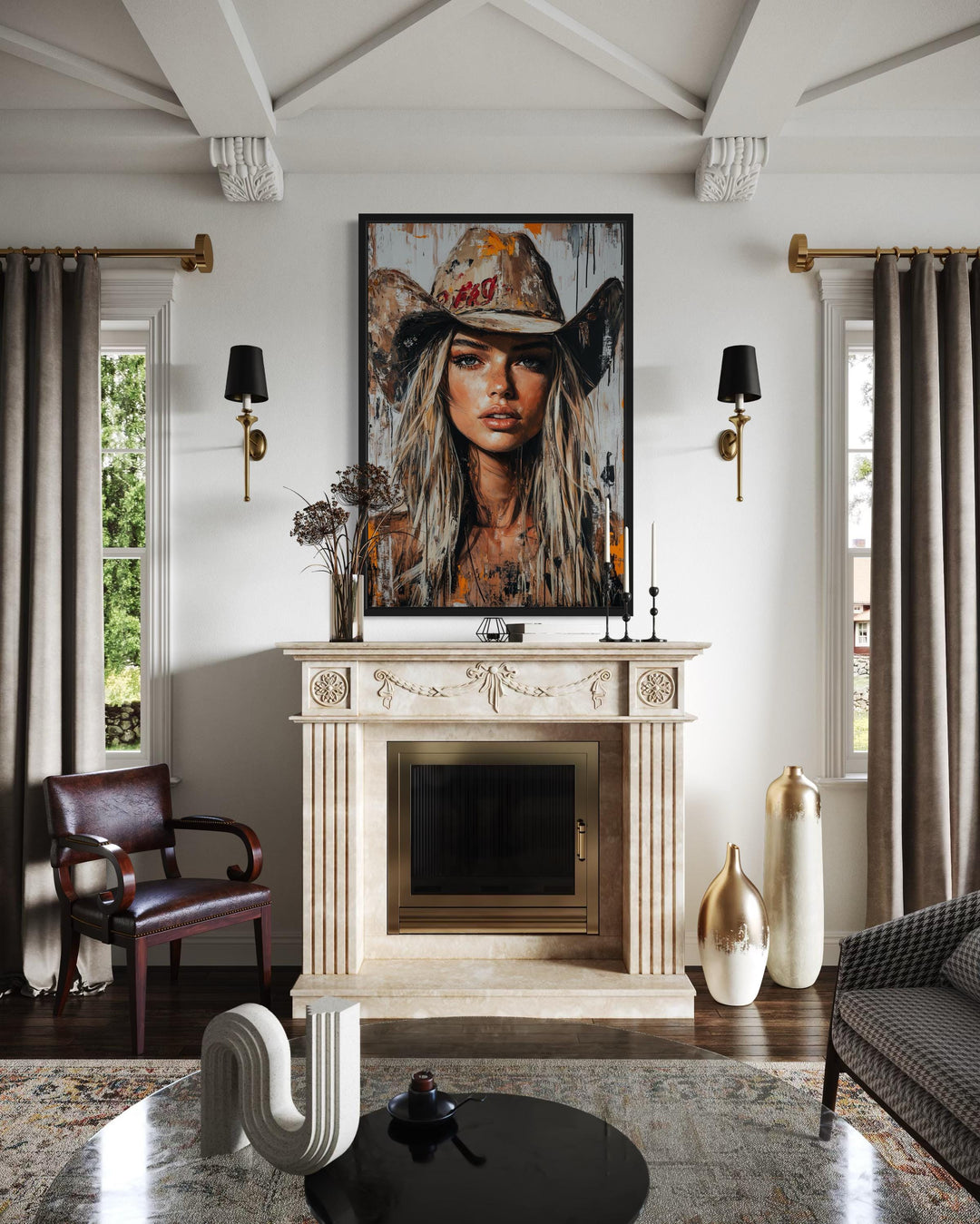 Cowgirl rustic graffiti portrait framed canvas wall art hanging above a fireplace in a living room.