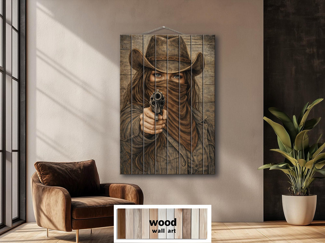 Rustic wood wall art featuring a cowgirl with a bandana and hat pointing a revolver forward.