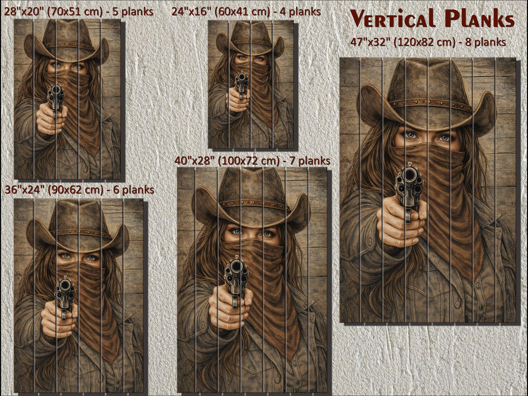 Rustic wood wall art featuring a cowgirl with a gun, available in five vertical plank sizes.