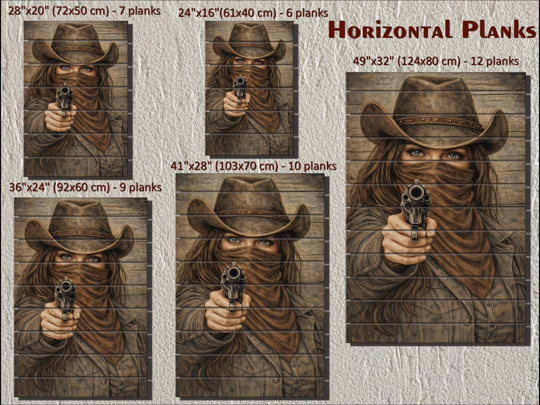Cowgirl with a gun wood wall art shown in five sizes on rustic horizontal wood planks.