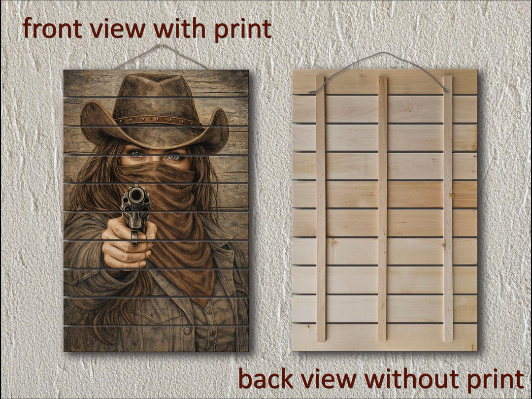 Front and back views of a rustic wood wall art piece featuring a cowgirl with a gun.