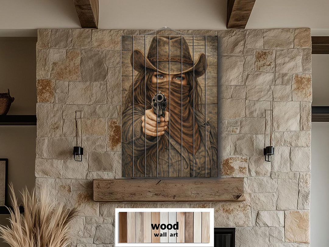 Cowgirl with a gun wood wall art print on a rustic wood panel above a fireplace.