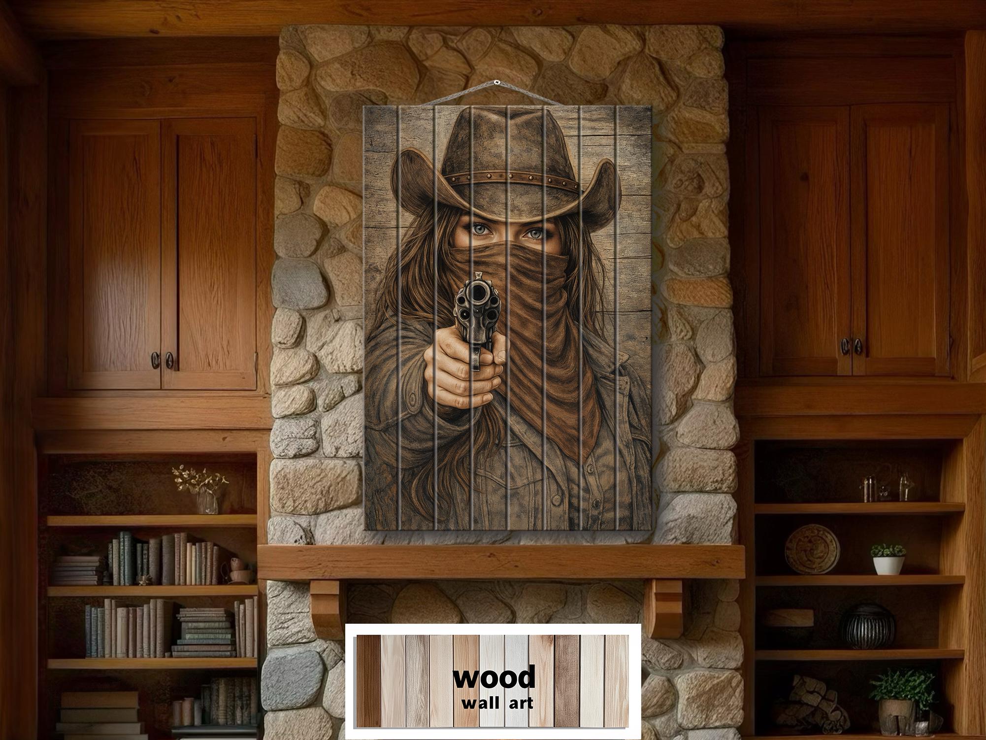 Cowgirl With A Gun Wood Wall Art - Distressed Western Outlaw Woman