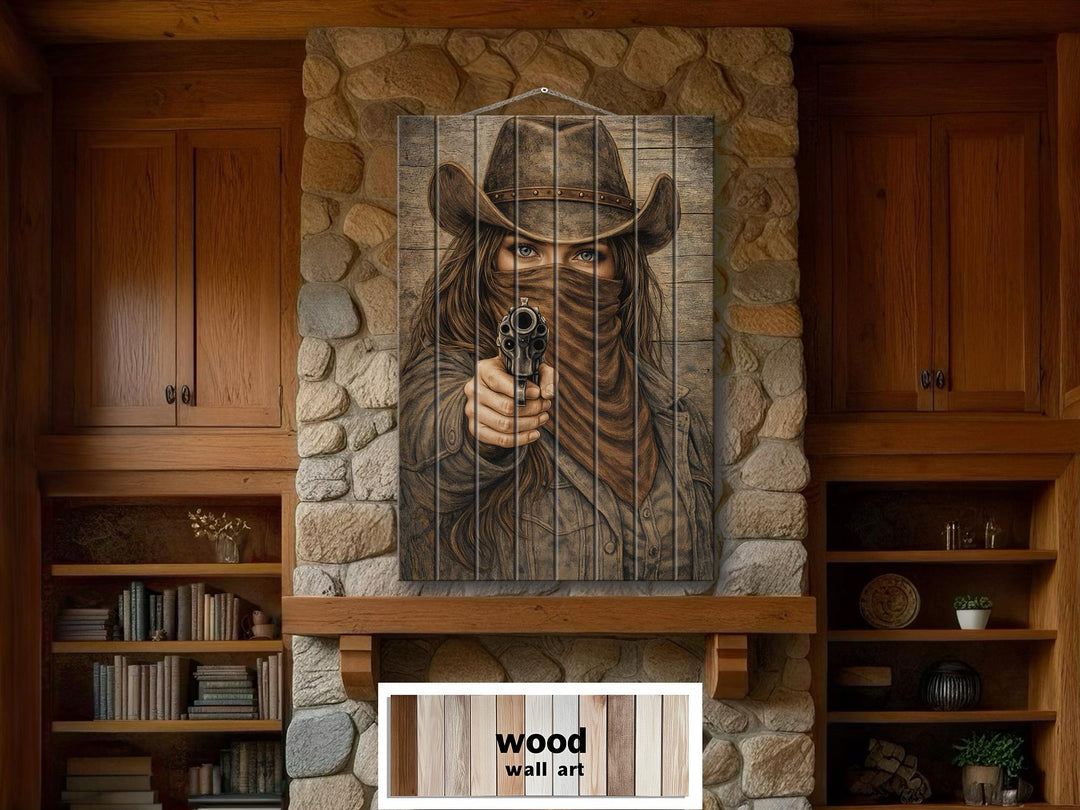 Cowgirl with a gun wood wall art print on a rustic wood panel above a stone fireplace.