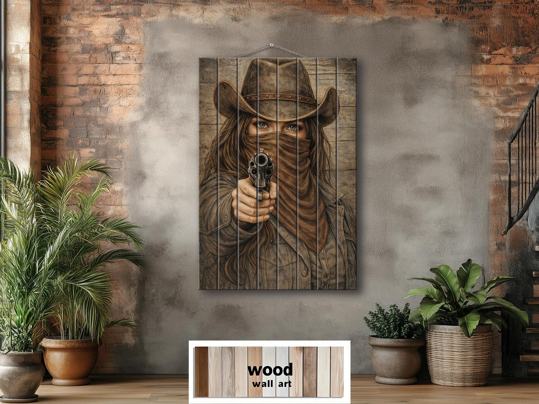 Rustic wood wall art featuring a cowgirl with a gun and face mask on a distressed panel.