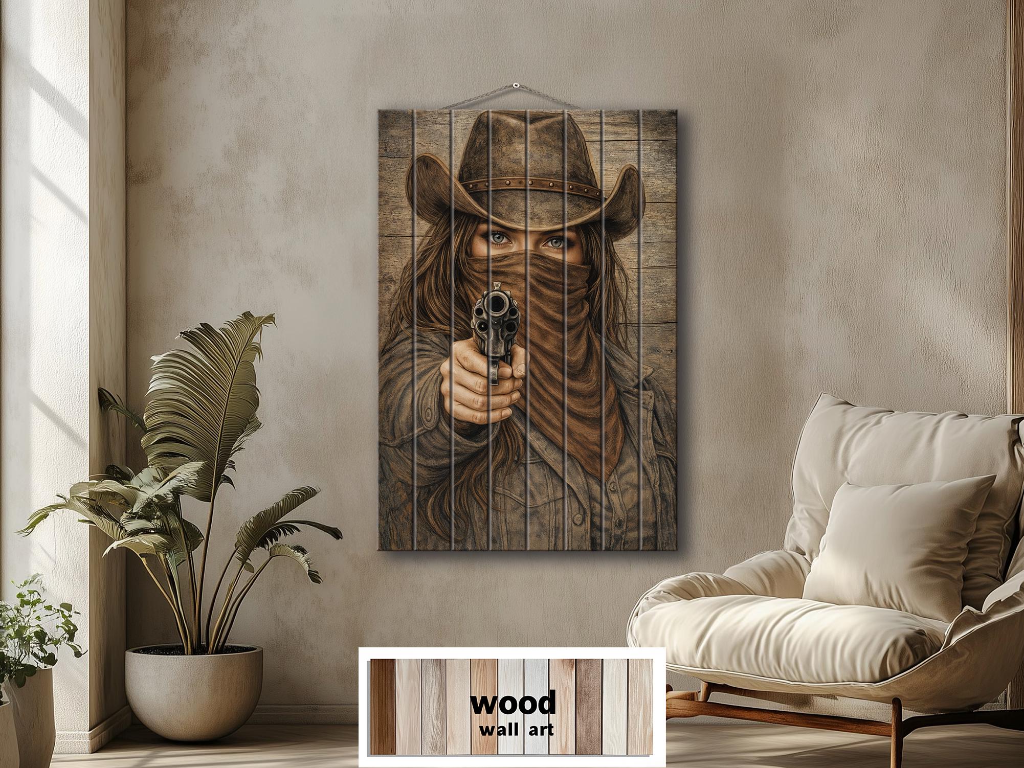 Cowgirl With A Gun Wood Wall Art - Distressed Western Outlaw Woman