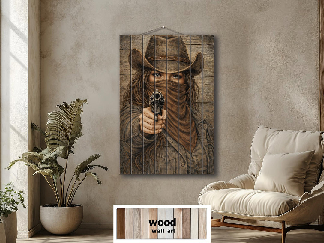 Cowgirl with a gun printed on a rustic wood panel wall art in a modern living room.