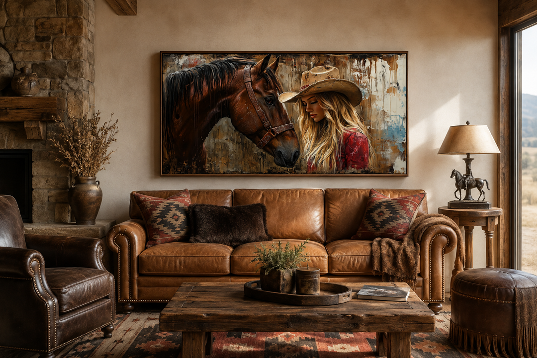 Cowgirl and horse graffiti framed canvas wall art in a rustic western living room.