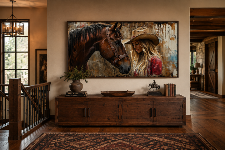 Cowgirl and horse graffiti framed canvas wall art displayed above a rustic wooden sideboard.