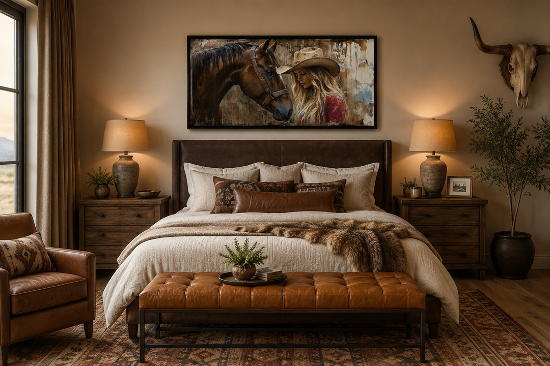 Cowgirl and horse graffiti framed canvas wall art hanging above a bed in a rustic western bedroom.
