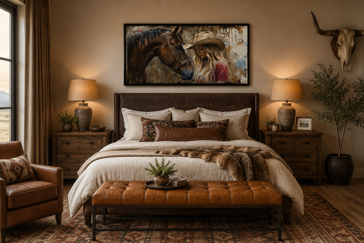 Cowgirl and horse graffiti framed canvas wall art hanging above a bed in a rustic western bedroom.