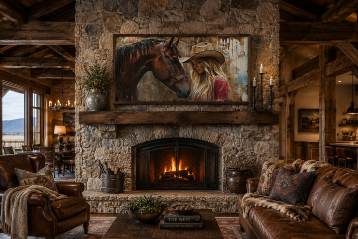 Cowgirl and horse graffiti framed canvas wall art above a stone fireplace in a rustic western room.