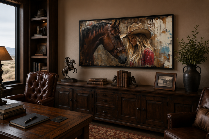 Cowgirl and horse graffiti framed canvas wall art in a rustic western-style office setting.