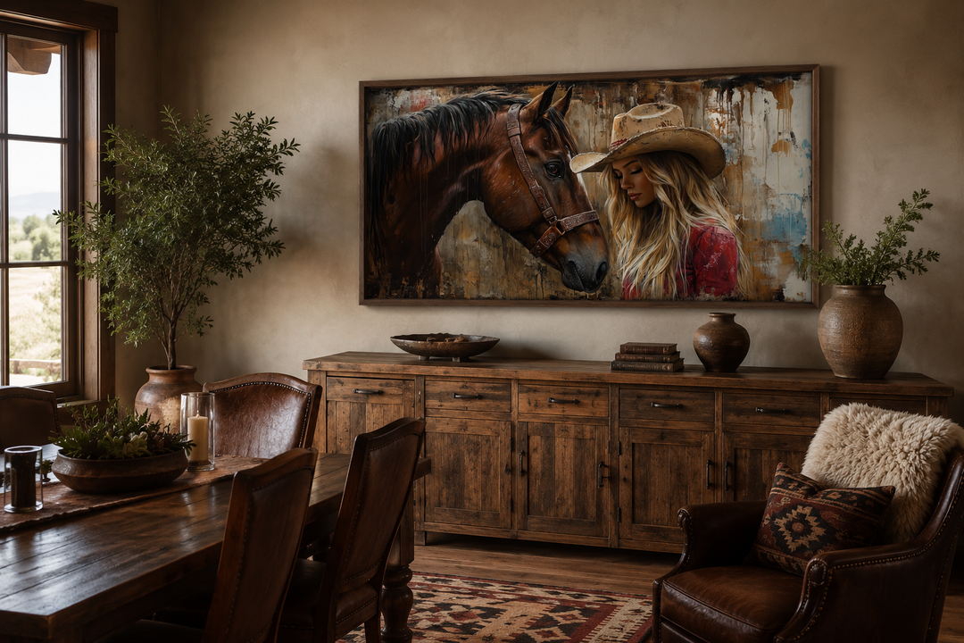 Cowgirl and horse graffiti framed canvas wall art in a rustic western dining room setting.