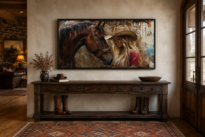 Cowgirl and horse graffiti framed canvas wall art in a rustic western room setting.
