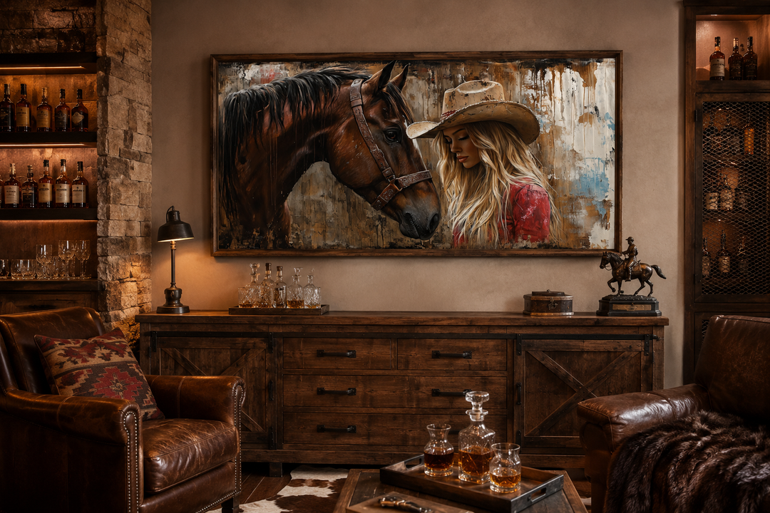 Framed graffiti-style canvas art of a cowgirl and horse in a rustic Western-themed room.