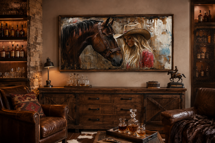 Framed graffiti-style canvas art of a cowgirl and horse in a rustic Western-themed room.