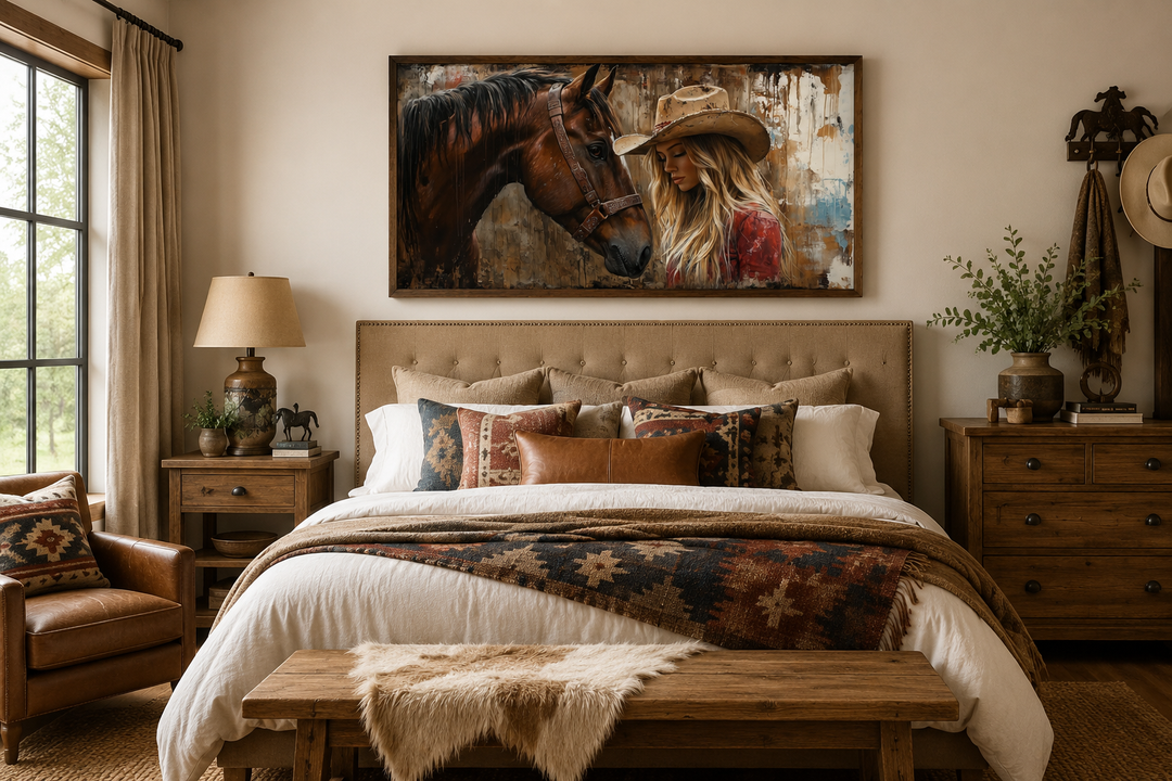 Cowgirl and horse graffiti framed canvas wall art hanging above a bed in a rustic western bedroom.