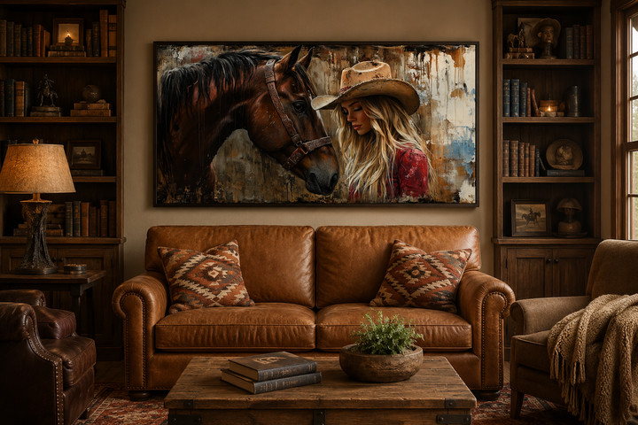 Cowgirl and horse graffiti framed canvas wall art hanging above a leather sofa in a western room.