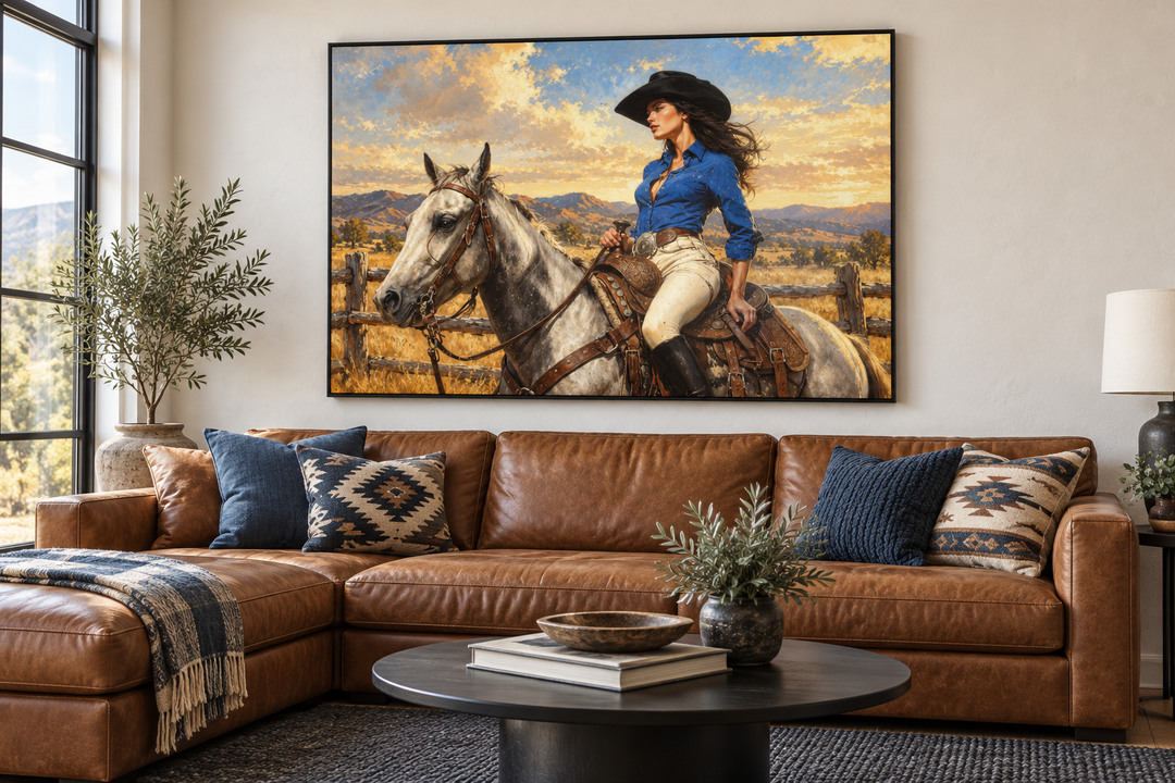 Cowgirl on a white horse framed canvas wall art hanging above a brown leather sectional sofa.