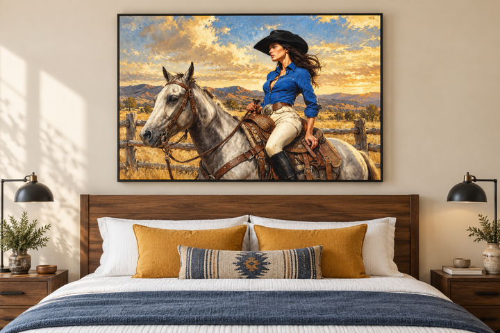 Cowgirl on White Horse Framed Canvas Wall Art hanging above a bed with blue and gold pillows.