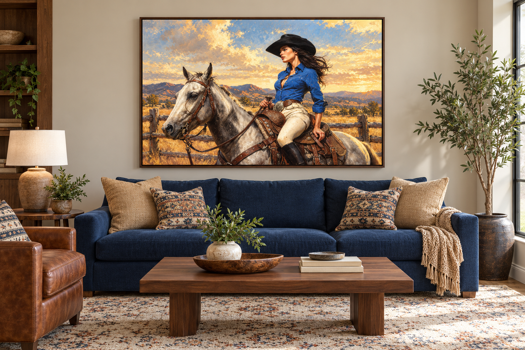 Cowgirl on white horse framed canvas wall art hanging above a navy blue sofa in a rustic living room.