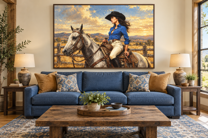 Framed canvas wall art of a cowgirl on a white horse above a blue sofa in a rustic living room.
