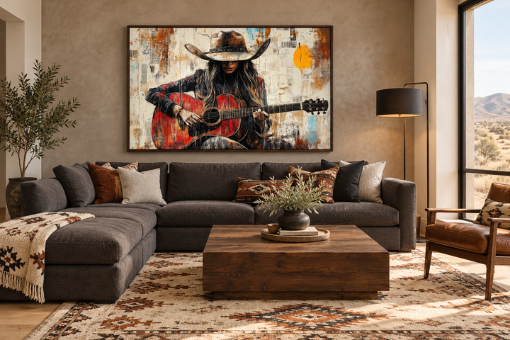 Cowgirl Playing Guitar Framed Canvas Wall Art hanging above a dark grey sectional sofa.