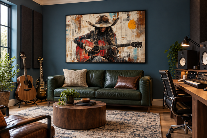 Cowgirl playing guitar framed canvas wall art in a rustic music room with a dark blue wall.