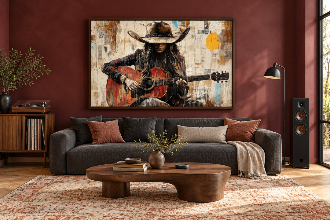 Cowgirl playing a red guitar framed canvas wall art above a sofa in a rustic music room.