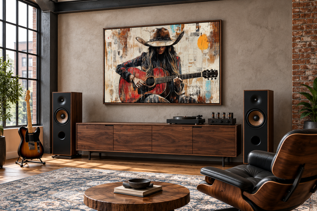 Cowgirl playing a red guitar framed canvas wall art in a rustic music room with speakers.