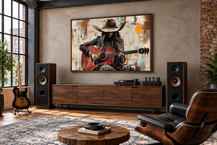 Cowgirl playing a red guitar framed canvas wall art in a rustic music room with speakers.