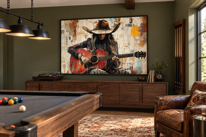 Cowgirl Playing Guitar Framed Canvas Wall Art in a rustic billiards room above a wooden sideboard.