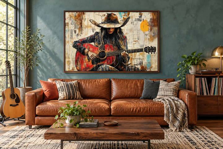 Cowgirl Playing Guitar Framed Canvas Wall Art hanging above a brown leather sofa in a rustic room.