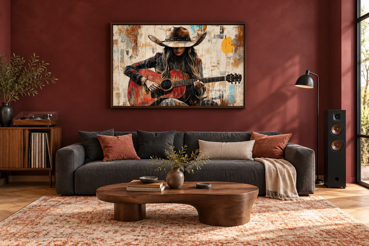 Cowgirl Playing Guitar Framed Canvas Wall Art hanging in a modern rustic living room.