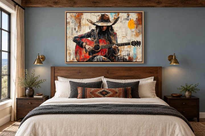 Framed canvas wall art of a cowgirl playing a red guitar above a wooden bed in a blue bedroom.