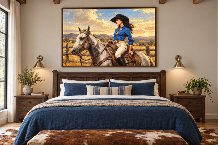 Cowgirl on white horse framed canvas wall art hanging above a bed with blue and white bedding.