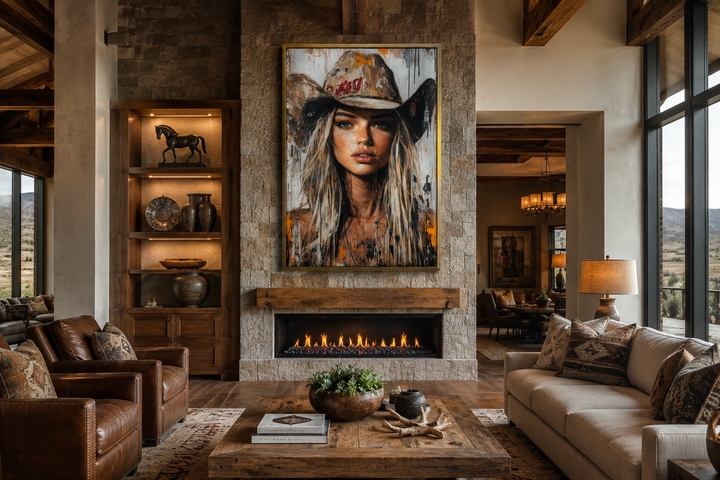 Cowgirl rustic graffiti portrait framed canvas wall art hanging above a modern stone fireplace.