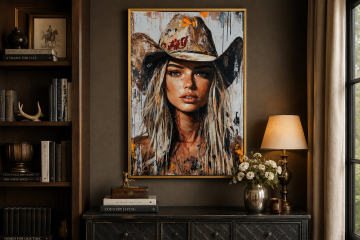 Cowgirl rustic graffiti portrait framed canvas wall art in a gold frame above a dark wood dresser.