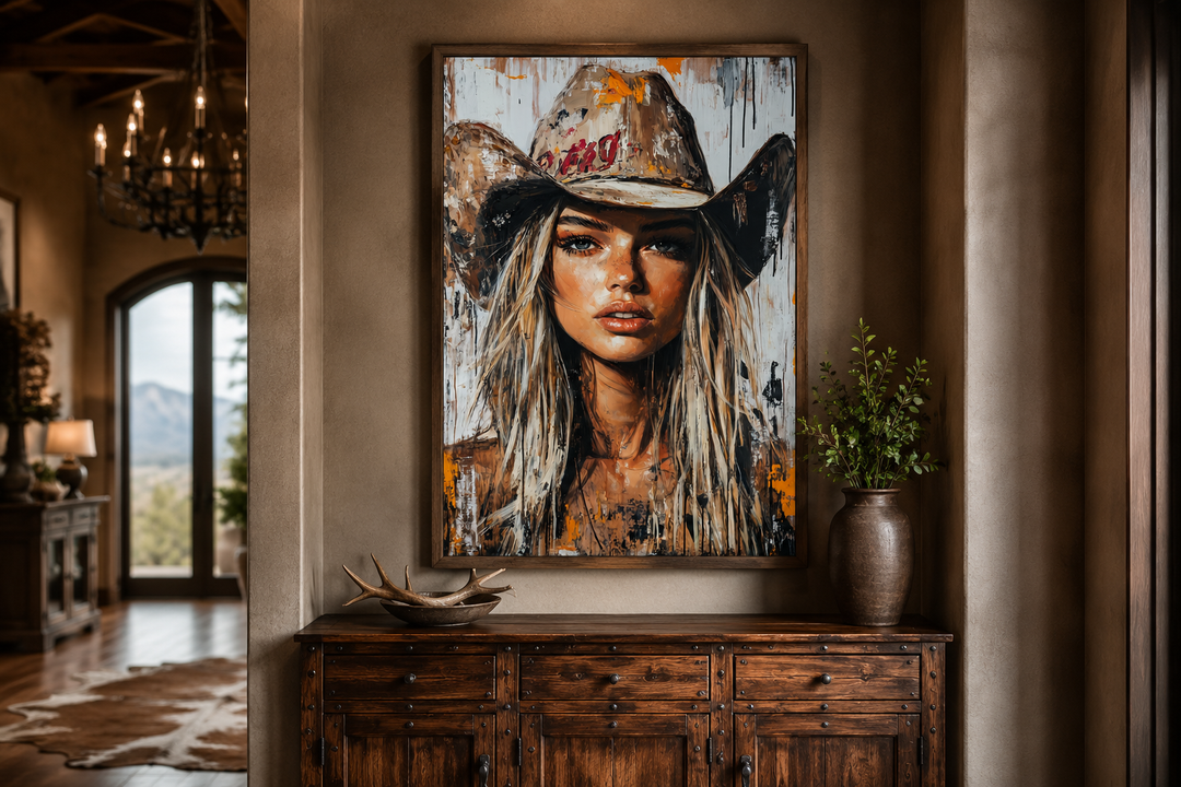 Cowgirl rustic graffiti portrait framed canvas wall art above a wooden sideboard in a rustic room.