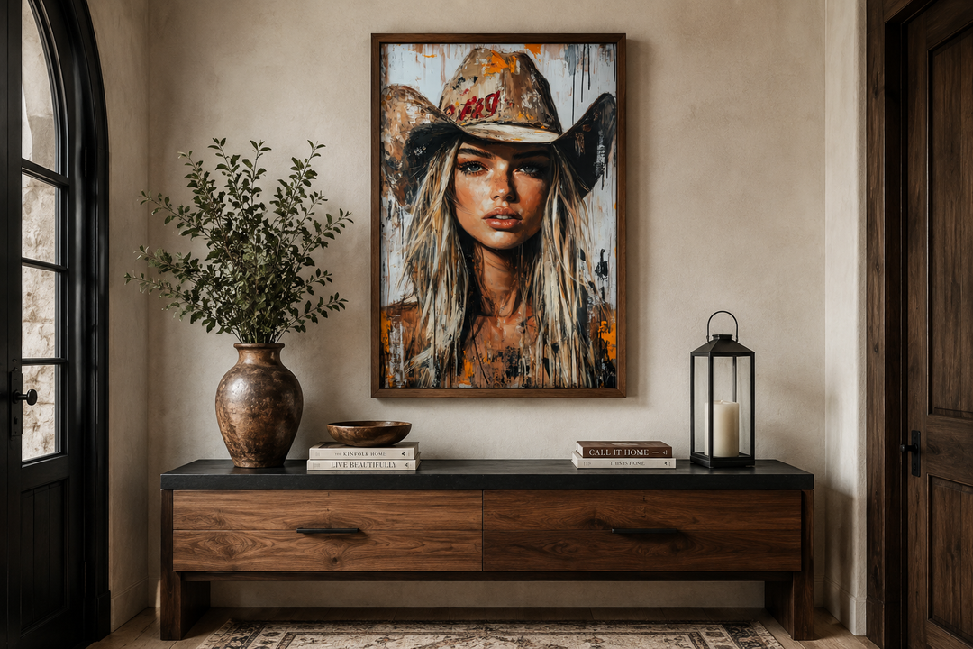 Cowgirl rustic graffiti portrait framed canvas wall art above a wooden console table.