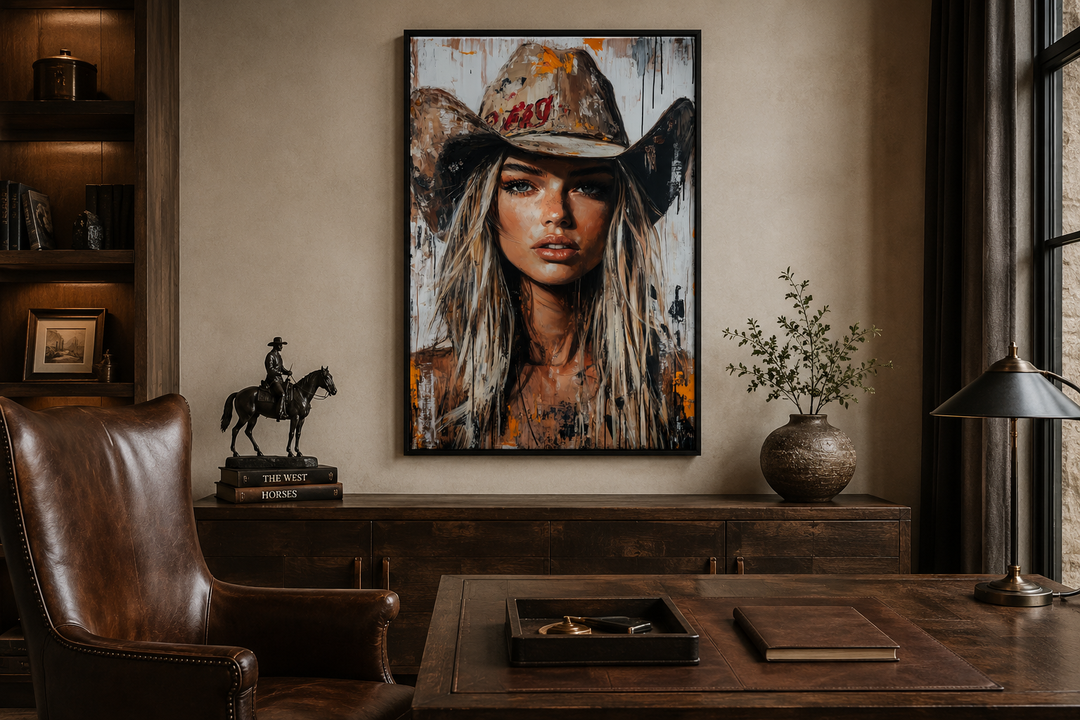 Framed canvas wall art of a cowgirl portrait with rustic graffiti textures in a home office.