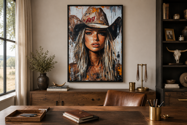 Cowgirl rustic graffiti portrait framed canvas wall art hanging above a wooden desk in an office.