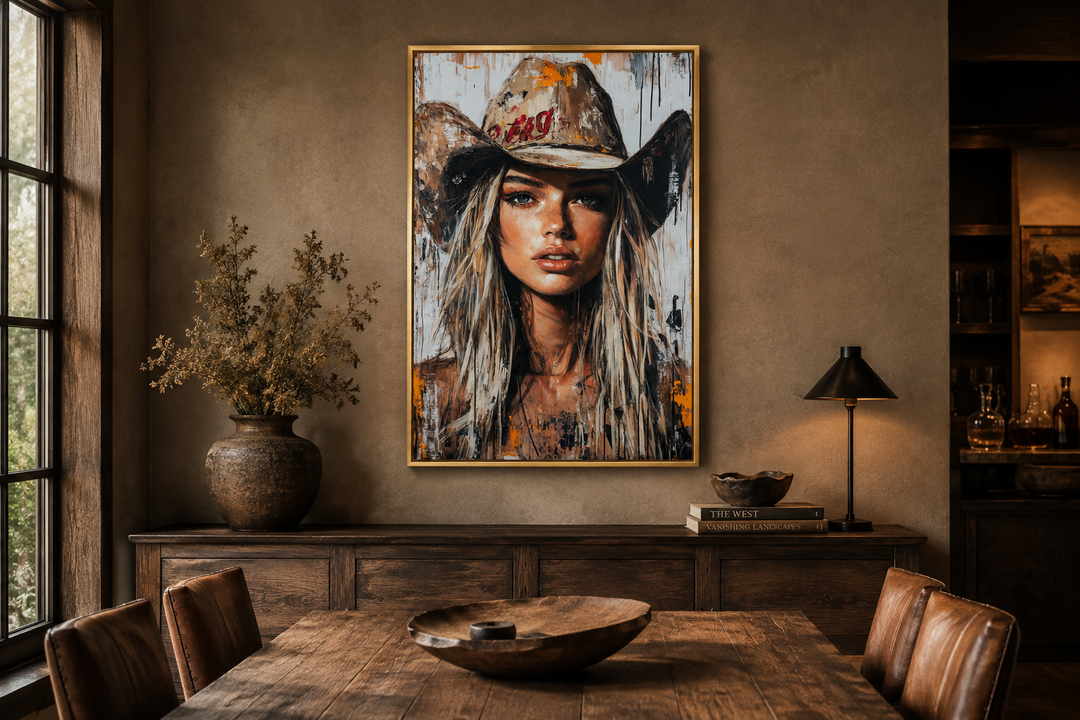 Cowgirl rustic graffiti portrait framed canvas wall art in a modern rustic dining room.