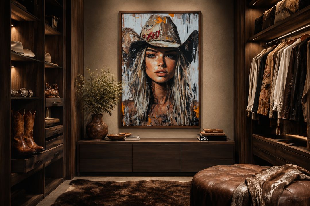 Framed canvas wall art of a cowgirl rustic graffiti portrait in a modern walk-in closet.