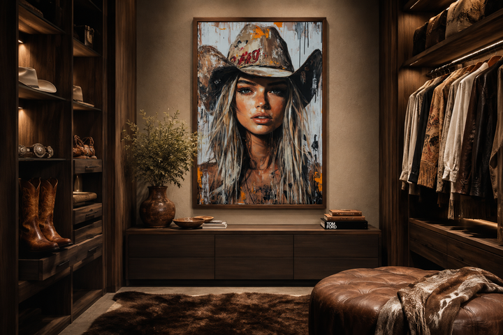 Framed canvas wall art of a cowgirl rustic graffiti portrait in a modern walk-in closet.