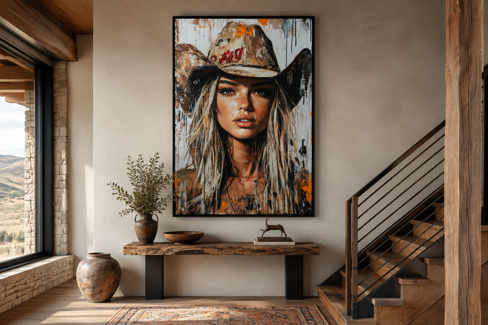 Cowgirl rustic graffiti portrait framed canvas wall art displayed above a wooden console table.