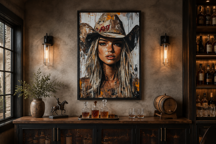 Cowgirl rustic graffiti portrait framed canvas wall art displayed above a home bar.