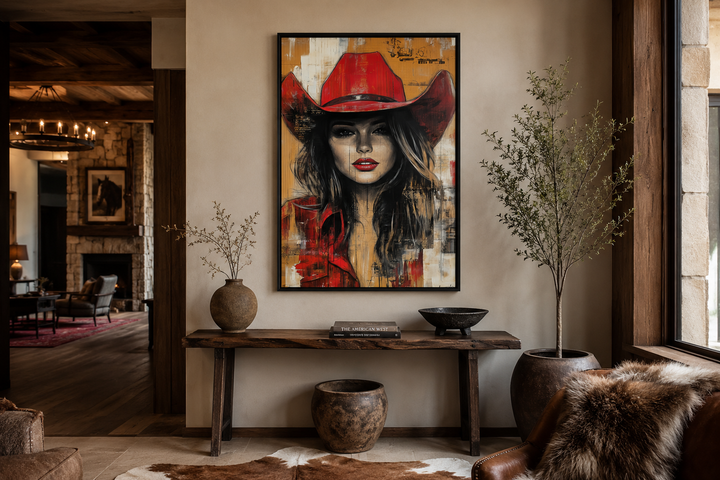Cowgirl in red hat graffiti portrait framed canvas wall art in a rustic western-style room.